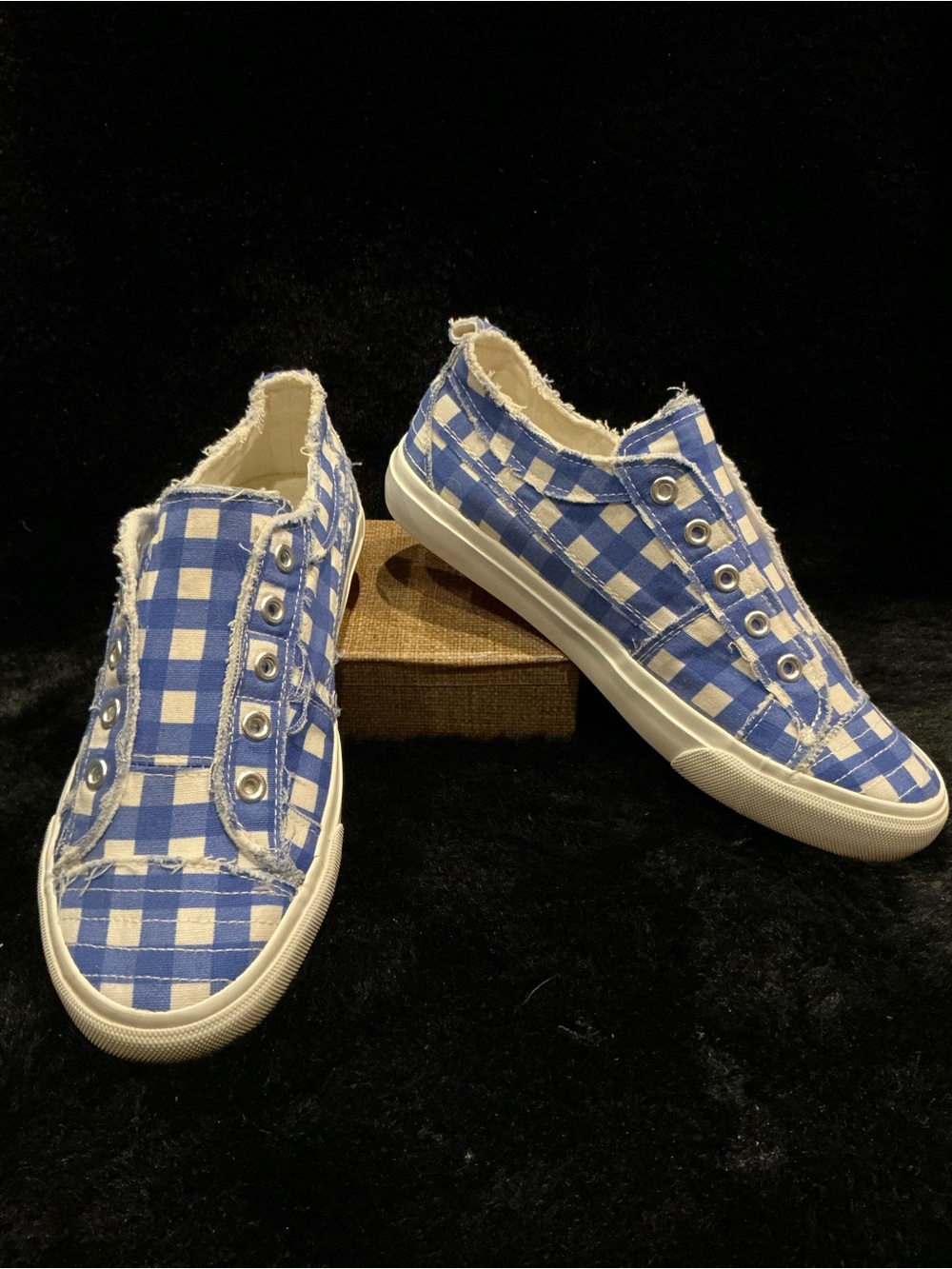 Corkys Babalu Blue and White Gingham Canvas Slip-Ons